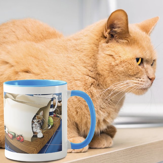 Caneca Saca de Compras Gato Tabby Curioso Azul Fofo      (Criador carregado)