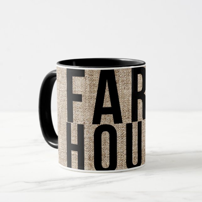 Caneca Saco de aniagem rústico com letras pretas FARMHOUS (Frente Esquerda)