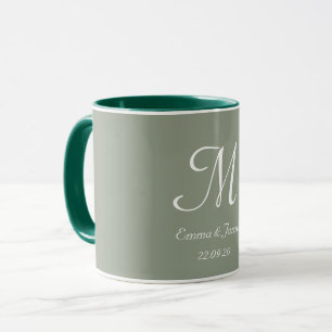 Caneca Sage Verde & Branco Monograma Elegante Nome Inicia