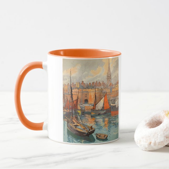 Caneca Saint Malo, França, Arte de Cartaz de Viagem Antig (Com Donut)