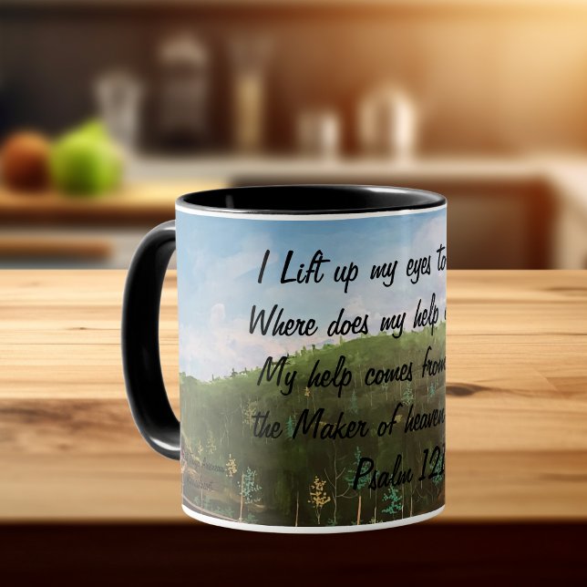 Caneca Salmo 121:1  Arte Original Pintada à Mão (Scripture mug with painting print as background)