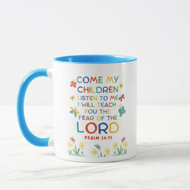 Caneca Salmo 34:11 versículo bíblico fofo para crianças (Esquerda)