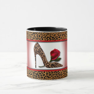 Caneca Salto alto & rosa vermelha do leopardo