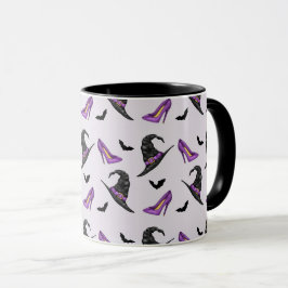 Caneca Saltos Lilás de Chapéu de Bruxa Com Morcegos Padrã