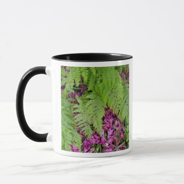 Caneca Samambaia florestal com pétalas de flores cor-de-r (Esquerda)