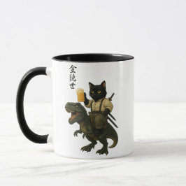 Caneca Samurai Cat with Beer & T-Rex | Retro Japanese Art