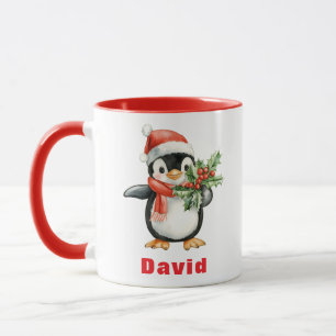 Caneca Santa Hat Penguin segurando Holly de Natal