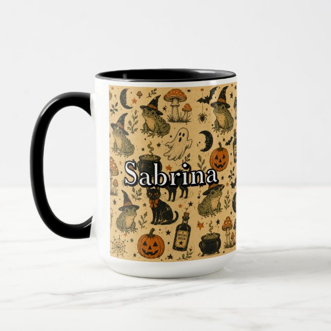 Caneca Sapo de Halloween Vintage Nome Personalizado (Esquerda)
