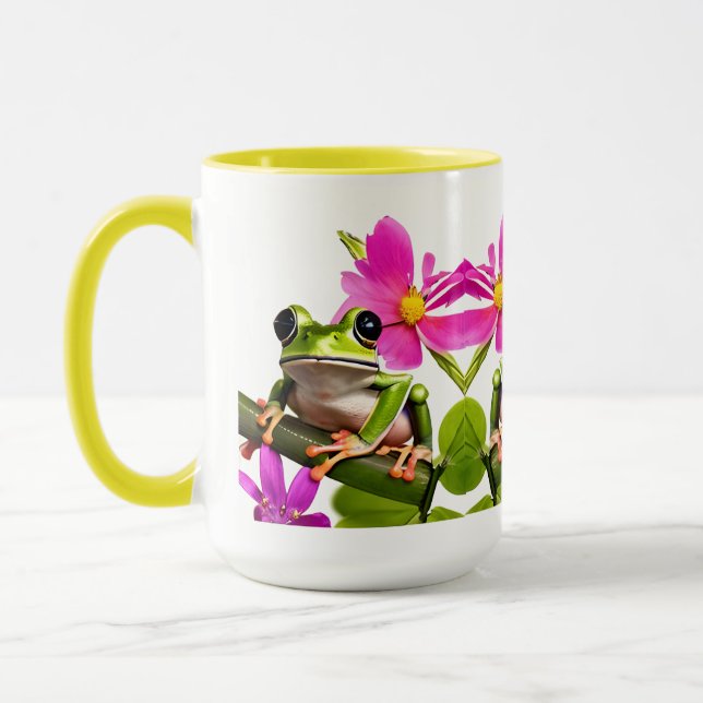 Caneca Sapo Verde Adorável Cercado por Flores Rosa (Esquerda)