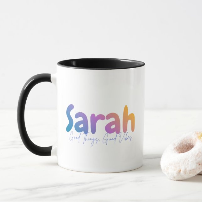 Caneca Sarah Name Gift - Good Things Good Vibes  (Com Donut)