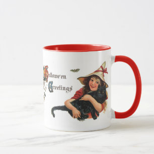 Caneca Saudações de Halloween Vintage, Bruxa Infantil com