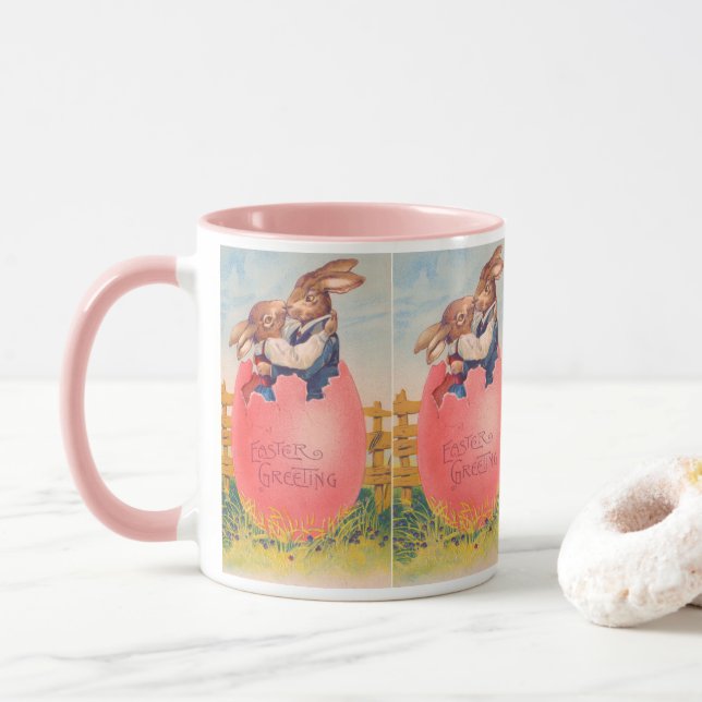 Caneca Saudações de Páscoa Vitorianas Antigas Dois Coelho (Com Donut)