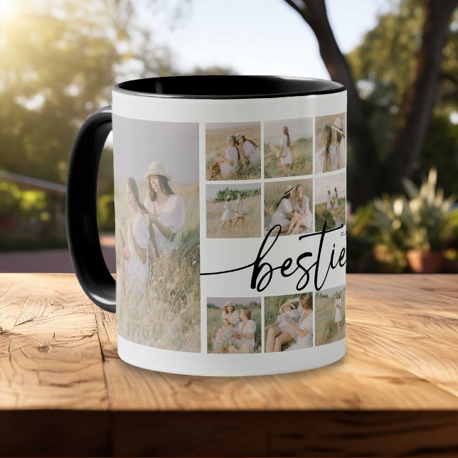 Caneca Script Besties Photo Collage Personalized (Criador carregado)