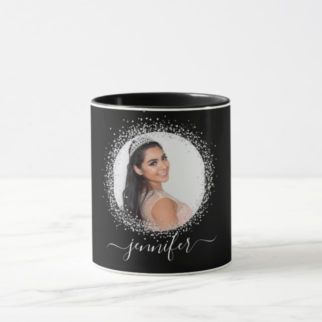 Caneca Script de nome da fenda de foto em prata preta (Centro)