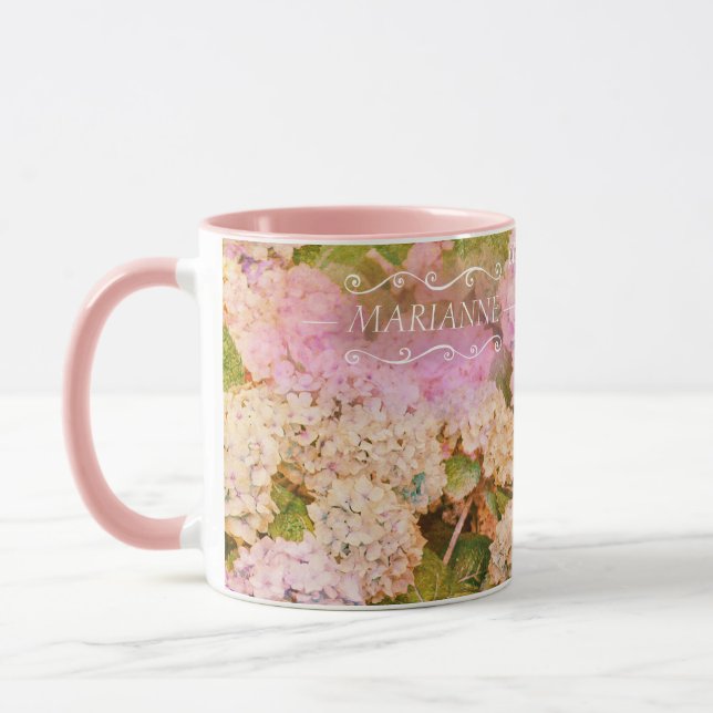 Caneca Script de Nome do Hidrangea Monograma, Rosa Floral (Esquerda)