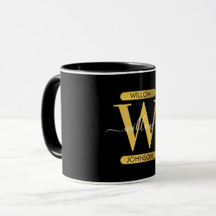 Caneca Script Moderno do Monograma Dourado e Preto Elegan