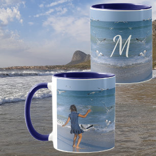 Caneca Sea Beach Photo Modern White Inicial em Azul