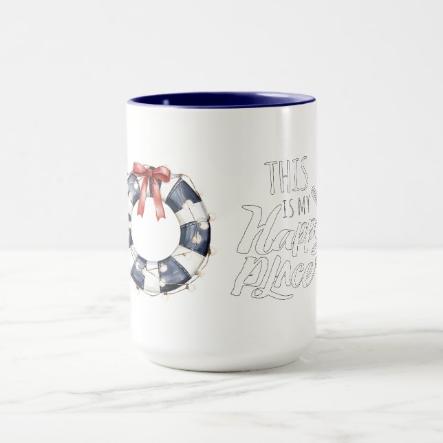Caneca Sea Blue White Red Bow Happy Place Floating Ring  (Centro)
