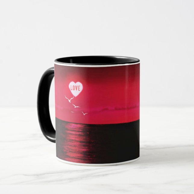 Caneca Sea Sunset Heart Sun Love Text Black Red Mug Gift (Frente Esquerda)