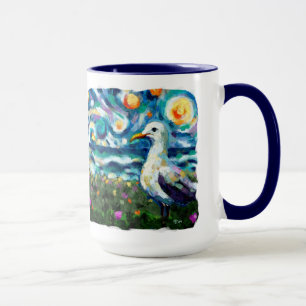 Caneca Seagull Van Gogh Style Beach Sky Blue Teal