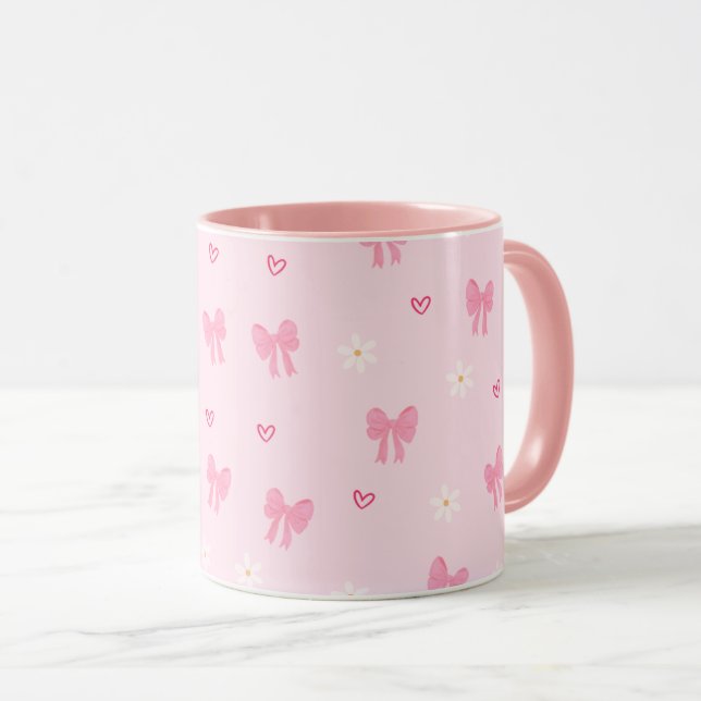 Caneca Seamless Pink Bow and Floral Pattern – Cute Girly (Frente Esquerda)