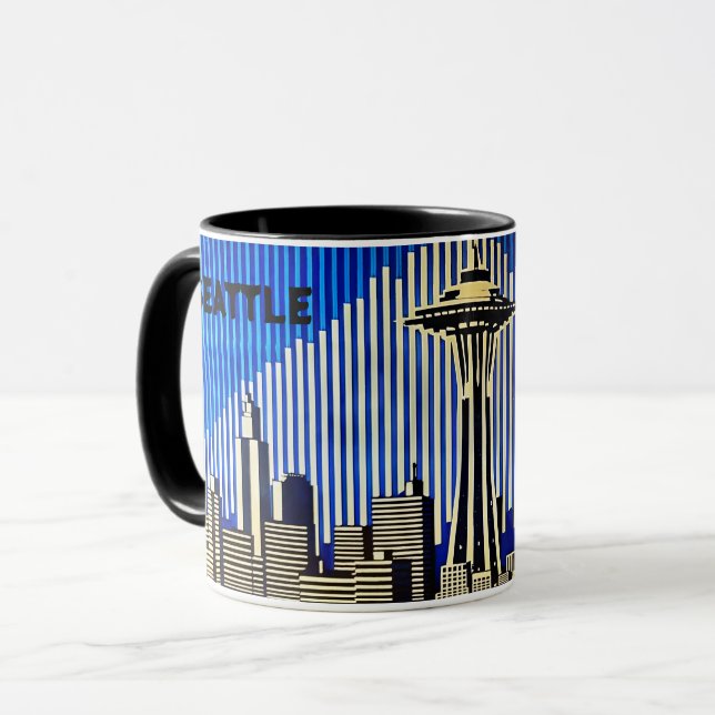 Caneca Seattle Skyline no estilo de ilusão óptica BAUHAUS (Frente Esquerda)