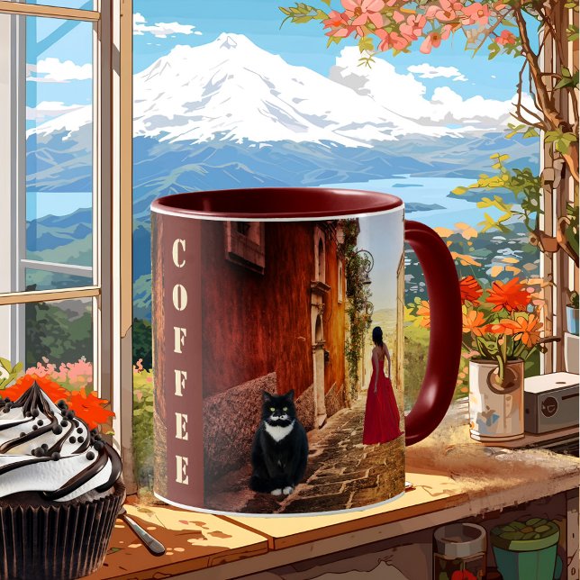Caneca Senhora de Arte Negra, Gato Vermelho Gato Italiano (Coffee mug featuring a painting of a lady in red with a cute big tuxedo cat in an Italian village)