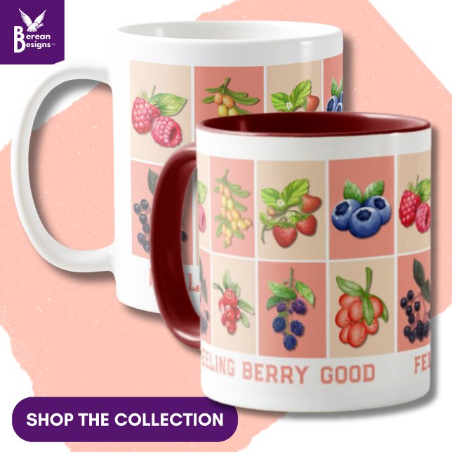 Caneca SENTIR BERRY BOM Nome Personalizado Strawberry (Listing is for ONE MUG ONLY, showing variety of berries in the Feeling Berry Good aesthetic)