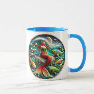 Caneca Sereia Encantadora Sentada em uma Pedra Sob uma Lu