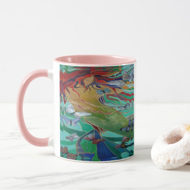 Caneca Sereia Nadando com Borboletas Fantasia Arte (Com Donut)