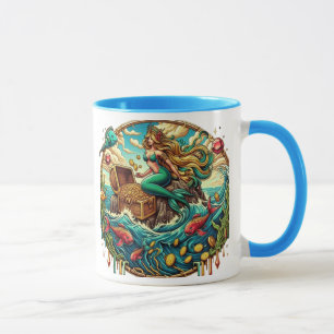 Caneca Sereia sentada numa rocha com um tesouro aberto