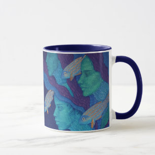 Caneca Sereias e peixes, arte surreal de fantasia, submar