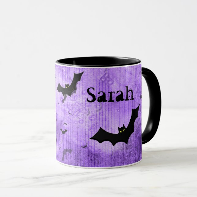 Caneca Seu Nome: Halloween Bats Purple Grunge BG (Frente Esquerda)