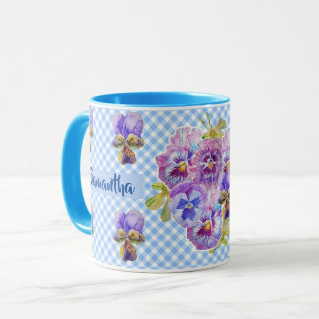 Caneca Shabby Pansy Floral Blue Gingham Flowers Girls (Frente Esquerda)