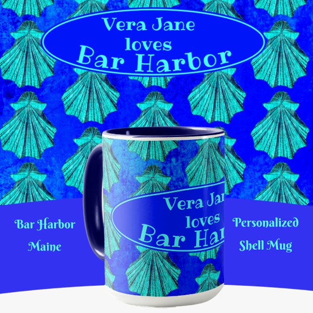 Caneca Shell Azul Scallop bar Harbor Maine Bold com Nome (Criador carregado)