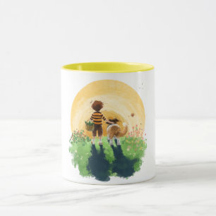 Caneca Sheltie Cachorro e Menino Entram no Pôr do Sol