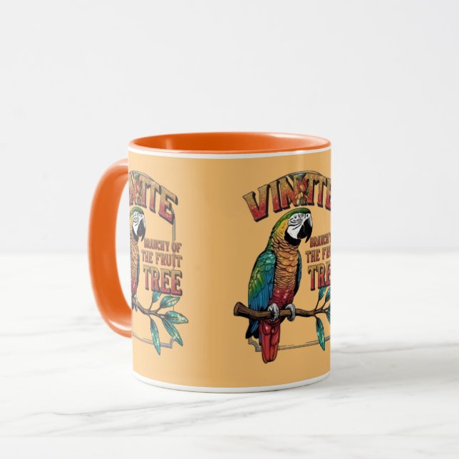 Caneca Shimmering Perch: Papagaio Vibrante na Árvore Frut (Frente Esquerda)