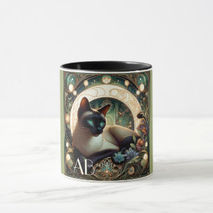 Caneca Siamese Cat Floral Green Art Nouveau