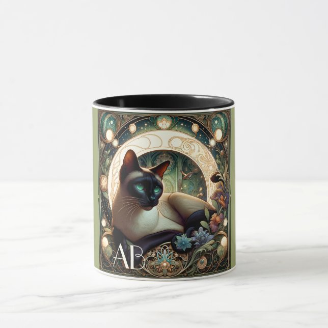 Caneca Siamese Cat Floral Green Art Nouveau (Centro)