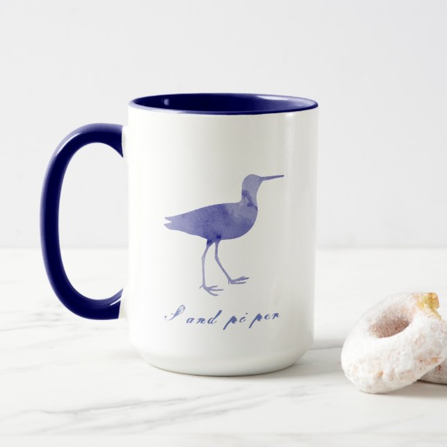 Caneca Silhueta de Maçarico em Aquarela Azul Marinho (Com Donut)