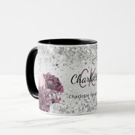 Caneca Silver burgundy florals elegante nome do monograma