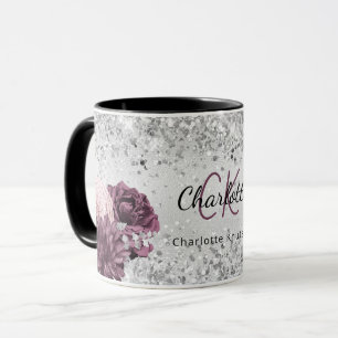 Caneca Silver burgundy florals elegante nome do monograma