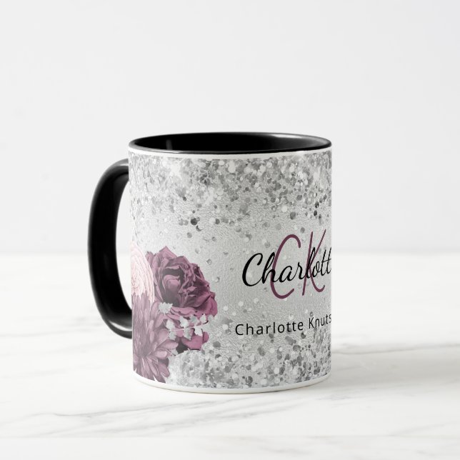 Caneca Silver burgundy florals elegante nome do monograma (Frente Esquerda)