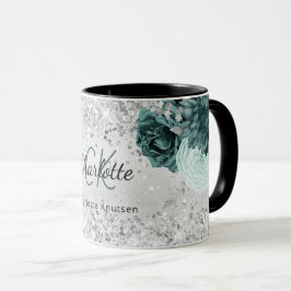 Caneca Silver green florals elegante nome do monograma