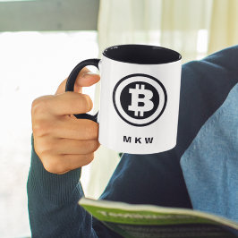 Caneca Símbolo de Bitmoney preto e branco Monograma do lo