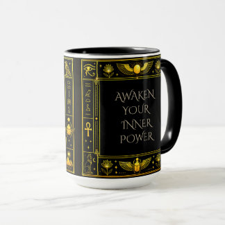 Caneca Símbolos Egípcios Antigos Padrão Dourado Preto Lux