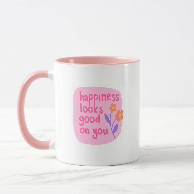Caneca Simple Charming Pink White Happiness Looks Good (Esquerda)