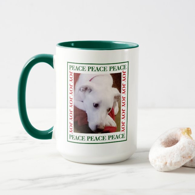 Caneca Simple Peace and Joy Picture Frame Cute Dog Photo (Com Donut)