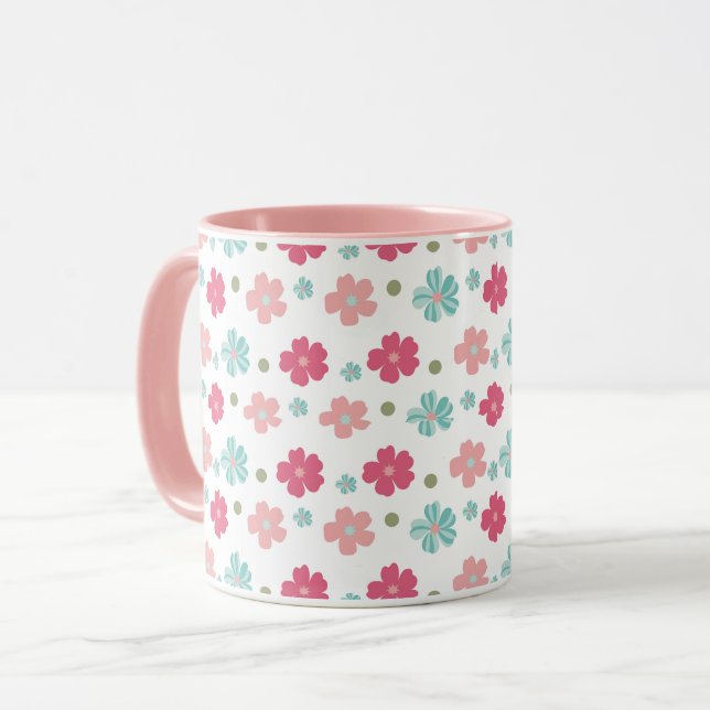 Caneca Simples Ditsy Floral em Rosa e Teal (Frente Esquerda)