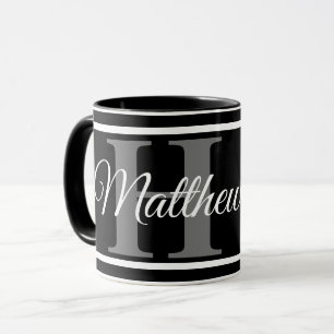 Caneca Simples Elegante preto Monograma branco clássico a